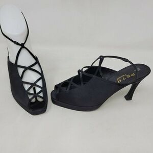 PETRA FIRENZE BLACK SATIN STRAPPY PEEP TOE ANKLE STRAP HEELS WOMENS SIZE 6 M